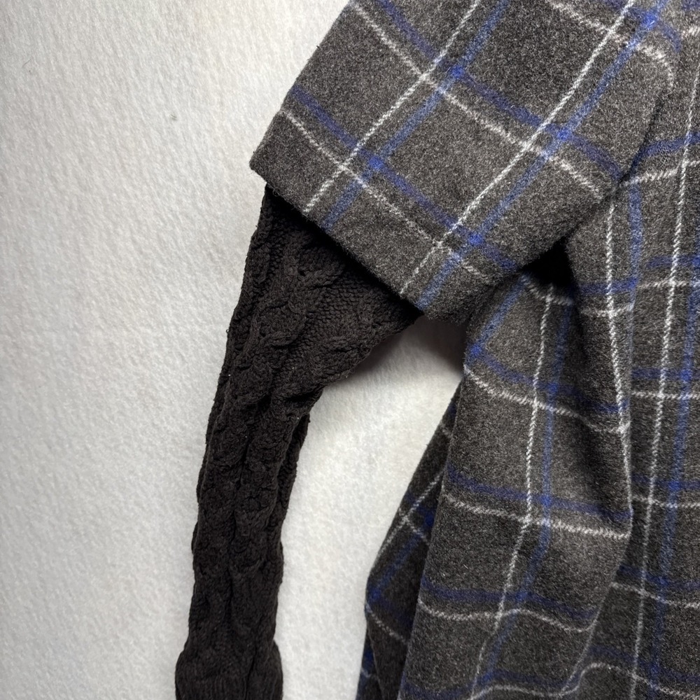 Anthropologie Idra Plaid Wool Blend Coat Cable Knit Sleeves Grey Blue Size 10 - Picture 5 of 16